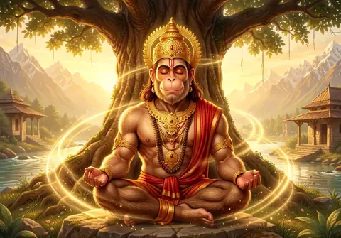 Illustration of Hanuman ji for Hanuman Chalisa chaupai 40, “Tulsidas sada Hari chera”