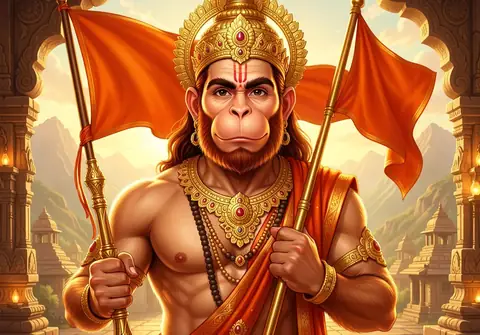 Illustration of Hanuman ji for Hanuman Chalisa chaupai 5, “Hath bajra au dhwaja birajai”