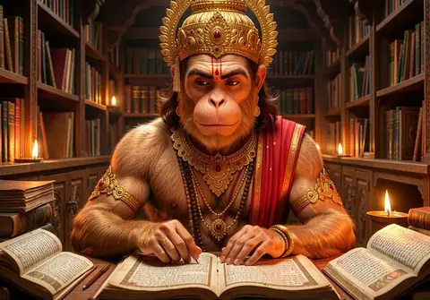 Illustration of Hanuman ji for Hanuman Chalisa chaupai 7, “Vidyavan guni ati chatur”