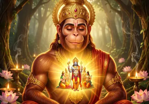 Illustration of Hanuman ji for Hanuman Chalisa chaupai 8, “Prabhu charitra sunibe ko rasiya”
