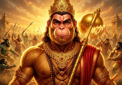 Illustration of Hanuman ji for Hanuman Chalisa chaupai 10, “Bhim roop dhari asur sanhare”