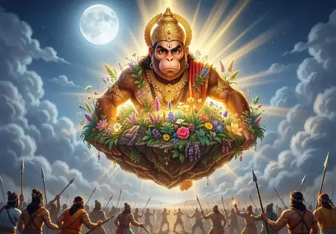 Illustration of Hanuman ji for Hanuman Chalisa chaupai 11, “Lay Sajivan Lakhan jiyaye”