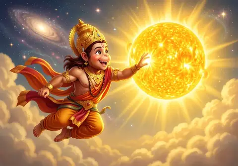Illustration of Hanuman ji for Hanuman Chalisa chaupai 18, “Jug sahasra jojan par Bhanu”