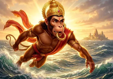 Illustration of Hanuman ji for Hanuman Chalisa chaupai 19, “Prabhu mudrika meli mukh mahin”