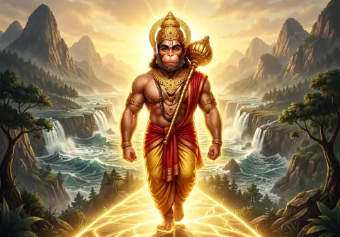 Illustration of Hanuman ji for Hanuman Chalisa chaupai 20, “Durgam kaj jagat ke jete”