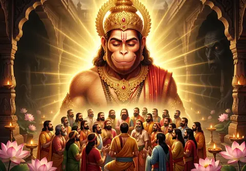 Illustration of Hanuman ji for Hanuman Chalisa chaupai 22, “Sab sukh lahai tumhari sarna”