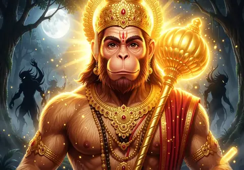 Illustration of Hanuman ji for Hanuman Chalisa chaupai 24, “Bhoot pisach nikat nahin avai”