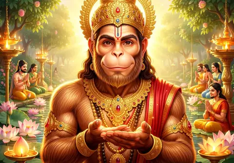 Illustration of Hanuman ji for Hanuman Chalisa chaupai 28, “Aur manorath jo koi lavai”