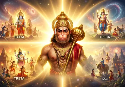 Illustration of Hanuman ji for Hanuman Chalisa chaupai 29, “Charon jug partap tumhara”