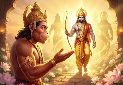 Illustration of Hanuman ji for Hanuman Chalisa chaupai 33, “Tumhare bhajan Ram ko pavai”