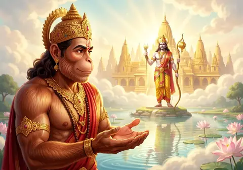 Illustration of Hanuman ji for Hanuman Chalisa chaupai 34, “Ant kaal Raghubar pur jai”