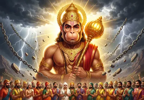Illustration of Hanuman ji for Hanuman Chalisa chaupai 36, “Sankat katai mitai sab peera”