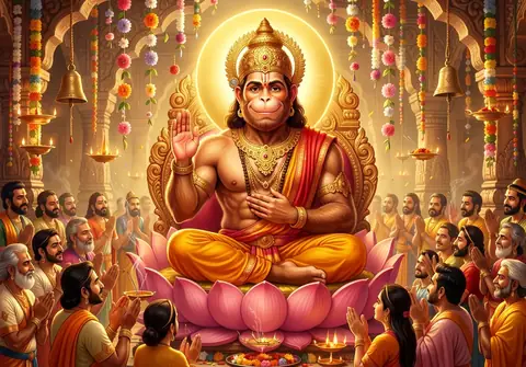 Illustration of Hanuman ji for Hanuman Chalisa chaupai 37, “Jai jai jai Hanuman Gosain”