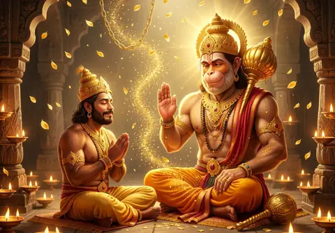 Illustration of Hanuman ji for Hanuman Chalisa chaupai 38, “Jo sat baar paath kar koi”